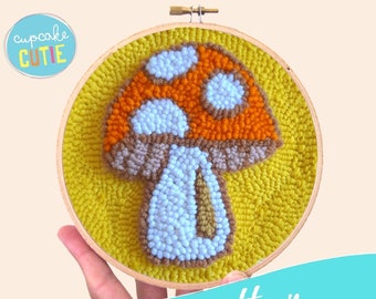 Mushroom punch needle pattern. Retro toadstool embroidery hoop art. Easy rug hooking pdf. Printable pattern.