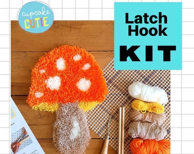 Mushroom Latch Hook Kit. Rug Hooking Starter Kit. Includes Canvas, Tool