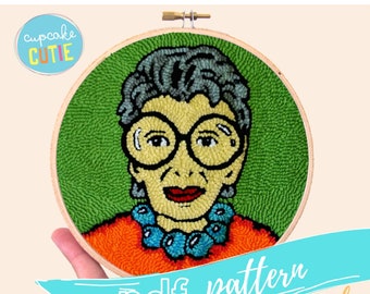 Iris Apfel punch needle pattern. Embroidery hoop art printable. Rug hooking pdf. Pop art. Digital pattern.