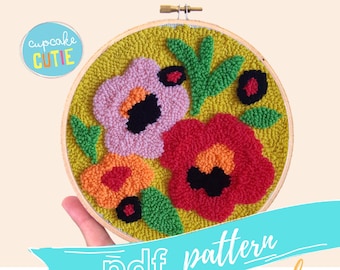 Floral punch needle pattern. Embroidery hoop art. Easy beginners rug hooking pdf.