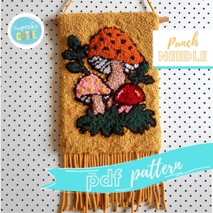 Mushroom wall hanging punch needle pattern. Rug hooking pdf. Retro decor. Digital pattern.
