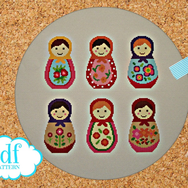 Matryoshka cross stitch pattern. Russian dolls. Needlepoint tapestry sampler. Nesting dolls. Babushka easy x stitch. Kids nursery room decor