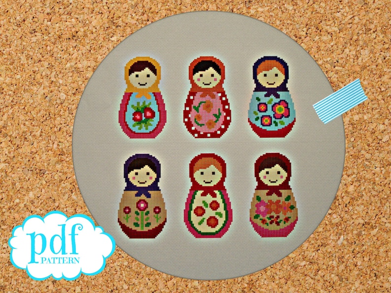 Matryoshka cross stitch pattern. Russian dolls. Needlepoint tapestry sampler. Nesting dolls. Babushka easy x stitch. Kids nursery room decor image 1