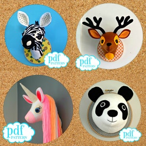 Op de afbeelding: Vier verschillende dierenkop patronen om te naaien. De patronen zijn voor een zebra, hert, eenhoorn en panda. Elk patroon wordt weergegeven op een kurkplank met een witte wolk met de tekst "pdf pattern" erop.