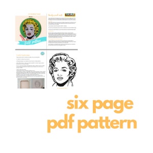 Puede incluir: Un patr&oacute;n PDF de seis p&aacute;ginas para un proyecto de arte de bordado en aro colorido con un retrato de estilo pop art de Marilyn Monroe. El patr&oacute;n incluye instrucciones y un dibujo de l&iacute;nea en blanco y negro del dise&ntilde;o.