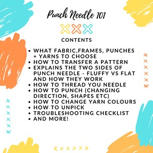Op de afbeelding: Een kleurrijke afbeelding met de tekst "Punch Needle 101" en een lijst met onderwerpen, waaronder "Welke stof, frames, ponsen + garens te kiezen", "Hoe een patroon over te brengen", "Verklaart de twee kanten van de punchnaald - pluche vs. plat en hoe ze werken", "Hoe je de naald draadt", "Hoe je ponsen (richting, vormen etc. veranderen)", "Hoe je garenkleuren verandert", "Hoe je losmaakt", "Problemenoplossingschecklist", en "En meer!"