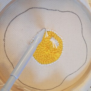 Fried egg punch needle kit. DIY food tufted wall art. Full kit with tools, yarn instructions image 4