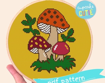 Retro mushroom cross stitch pattern. Toadstool x-stitch. Vintage needlepoint Pdf. Embroidery hoop art. Mustard decor