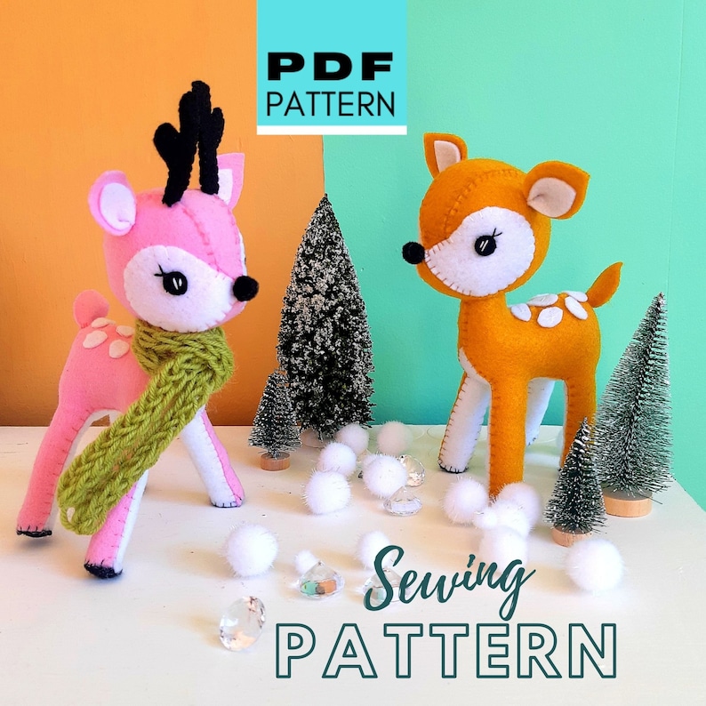 Deer softie sewing pattern. Felt Bambi pdf. Woodland forest animal plush. Christmas or nursery decoration image 1