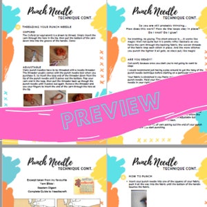 Op de afbeelding: Een kleurrijke, printbare gids voor punch needle-borduurtechnieken. De gids bevat instructies over het inrijgen van de naald, hoe te prikken en tips om te beginnen. De gids bevat ook een fragment uit een boek genaamd "Yarn Bits: Readers Digest Complete Guide to Needlecraft".