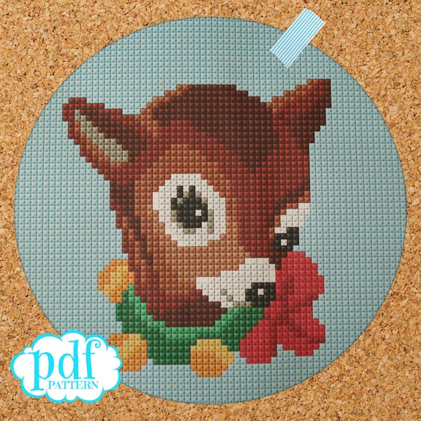 Xmas deer cross stitch pattern. Retro Bambi x-stitch pdf. Vintage needlepoint. Woodland Christmas decor