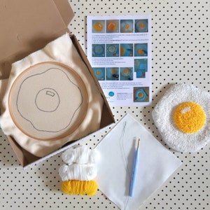 Fried egg punch needle kit. DIY food tufted wall art. Full kit with tools, yarn instructions image 3