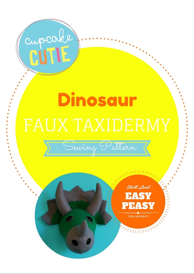 Dinosaur head sewing pattern. Faux taxidermy. Felt triceratops. Boys room decor. Dino wall bust. Jurassic wall art. Green and grey felt. image 4