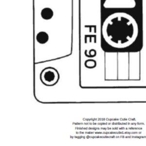 May include: Black and white illustration of a cassette tape with the text "FE 90" on the label.