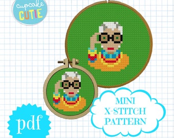 Iris Apfel cross stitch pattern. Mini xstitch. Tiny needlepoint. Beginners, easy with full instructions. Pdf instant download.