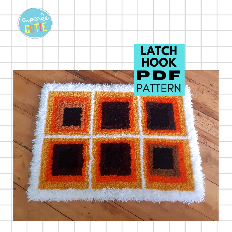 May include: A latch hook rug with a geometric pattern in shades of orange, brown, and white. The rug has a white fringe border. The text "Latch Hook PDF Pattern" is written in blue and white on a turquoise background.