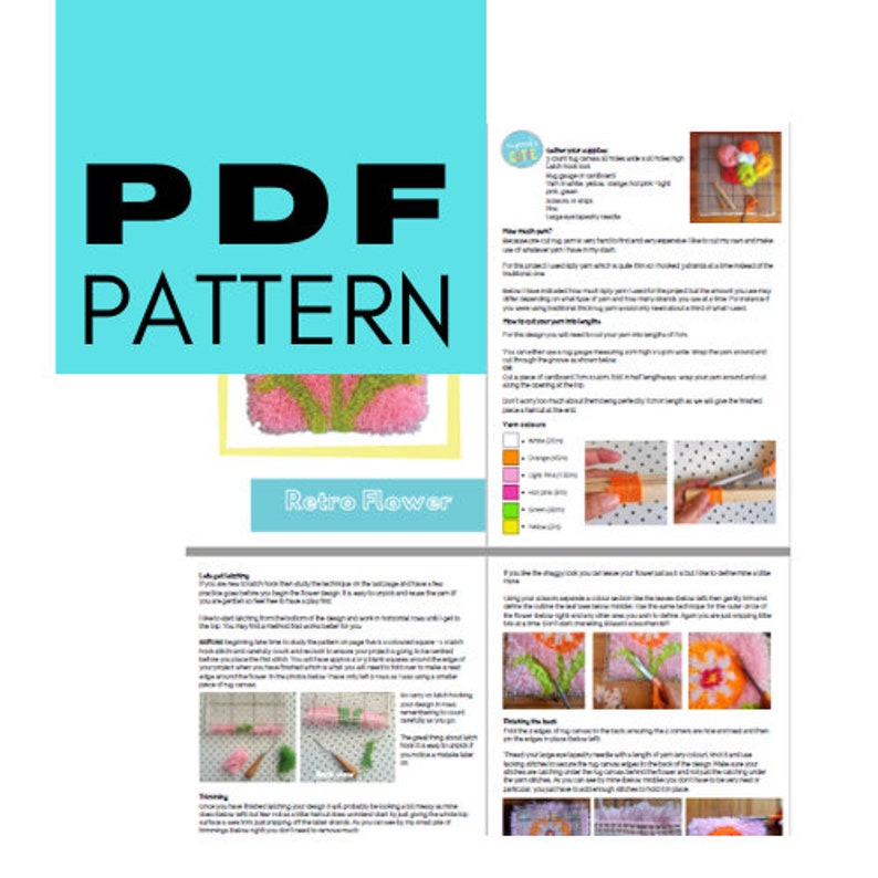 May include: PDF pattern for a retro flower rug hooking project. The pattern includes instructions, color charts, and a close-up image of the finished rug hooking project.