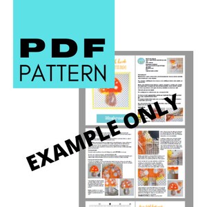 May include: A PDF pattern for crocheting a mushroom. The pattern includes instructions and diagrams for creating a mushroom with a red cap and white spots, a brown stem, and a yellow base. The pattern is for personal use only.