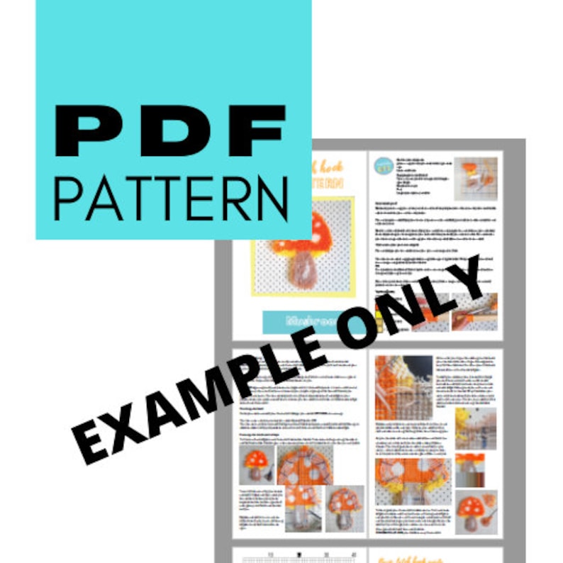May include: A PDF pattern for crocheting a mushroom. The pattern includes instructions and diagrams for creating a mushroom with a red cap and white spots, a brown stem, and a yellow base. The pattern is for personal use only.