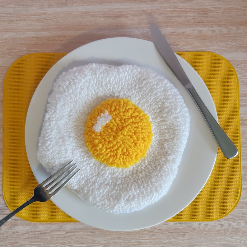 Fried egg punch needle kit. DIY food tufted wall art. Full kit with tools, yarn instructions image 2