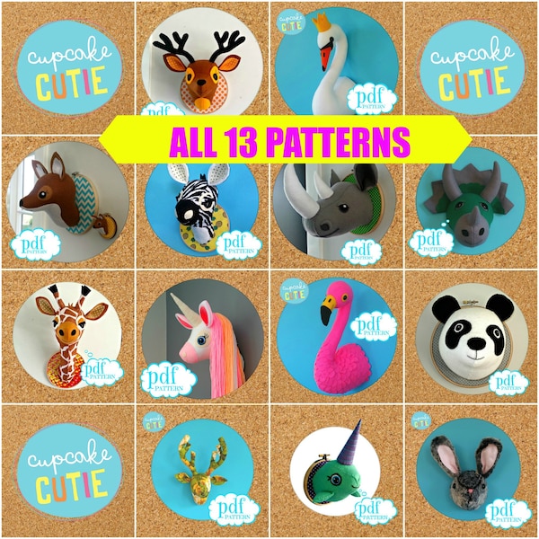 Muster-Deal. Alle 13 Faux Präparatoren Muster. Tier Kopf Muster. Giraffe, Flamingo, Panda, Schwan, Zebra, Einhorn, Nashorn, Fuchs, Hirsch und mehr