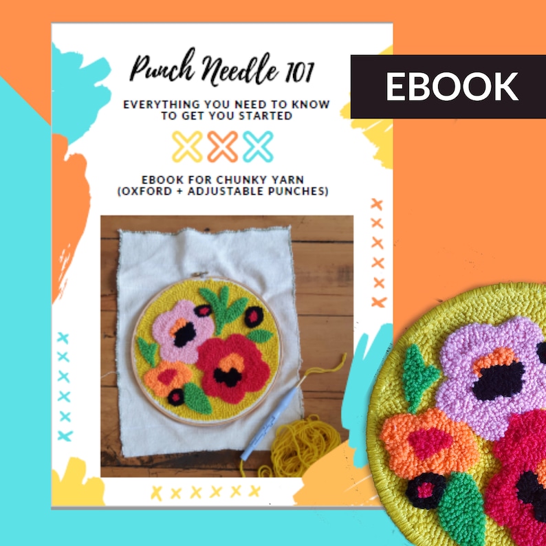 Op de afbeelding: Ebook-omslag met de titel "Punch Needle 101" en de tekst "Alles wat je moet weten om te beginnen". De omslag toont een kleurrijk punch needle-borduurwerk van bloemen in een hoepel.