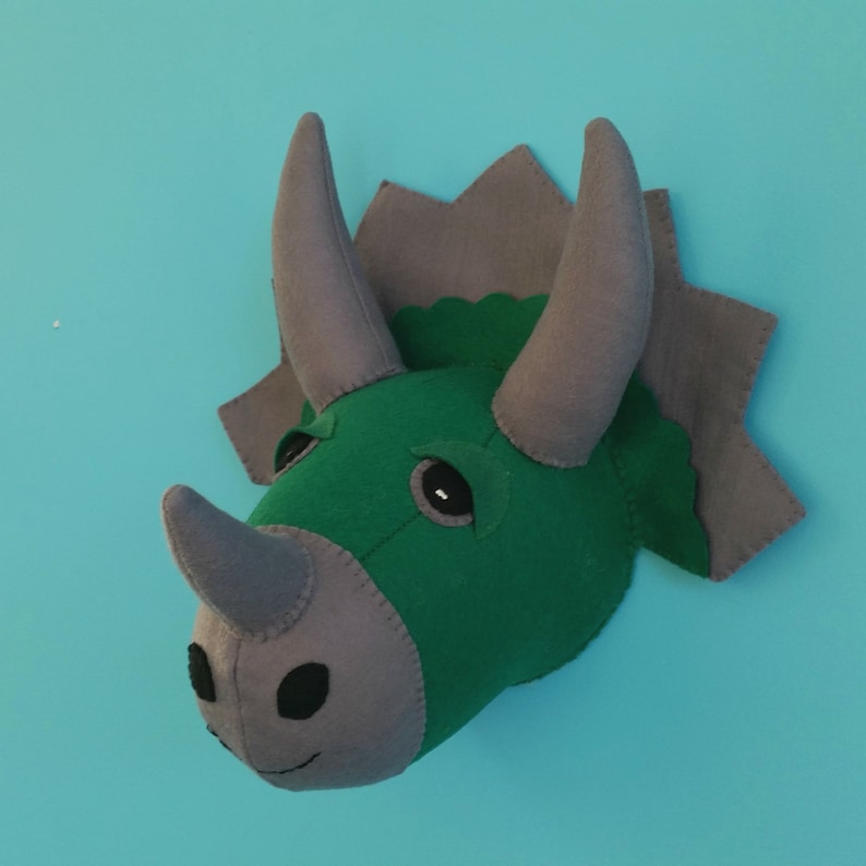 Dinosaur head sewing pattern. Faux taxidermy. Felt triceratops. Boys room decor. Dino wall bust. Jurassic wall art. Green and grey felt. image 2