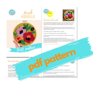 Op de afbeelding: Een PDF-patroon voor een bloemenpunch-naald borduurproject. Het patroon bevat een kleurrijk bloemenontwerp met rode, oranje, gele en roze bloemen op een groene achtergrond. De tekst "PDF pattern" staat in grote, vetgedrukte letters op de afbeelding.