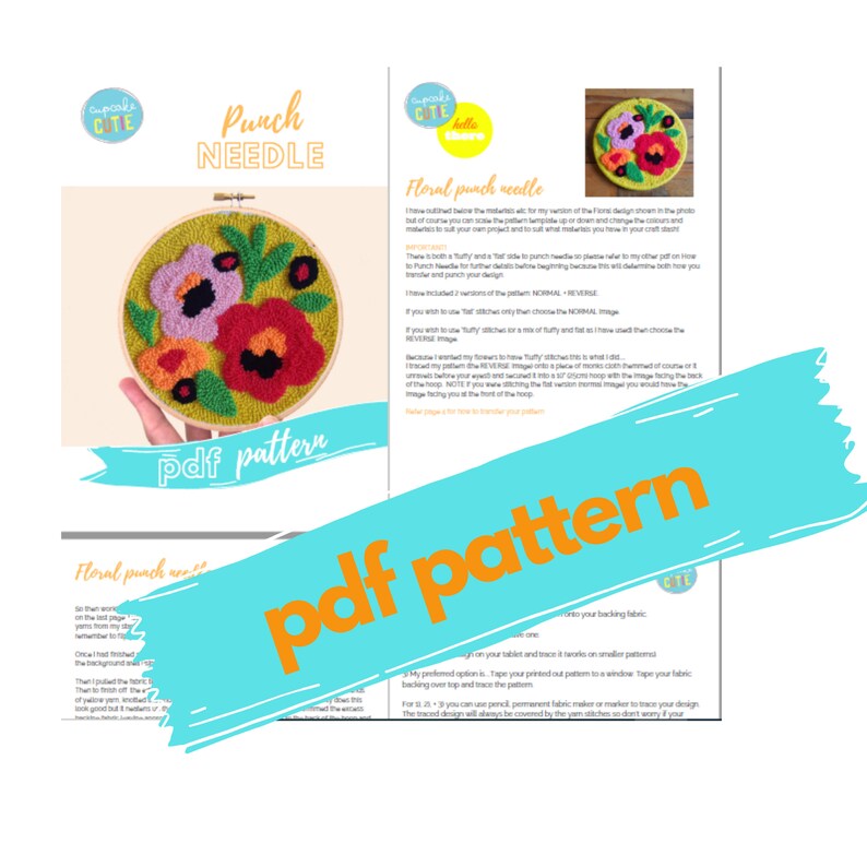 Op de afbeelding: Een PDF-patroon voor een bloemenpunch-naald borduurproject. Het patroon bevat een kleurrijk bloemenontwerp met rode, oranje, gele en roze bloemen op een groene achtergrond. De tekst "PDF pattern" staat in grote, vetgedrukte letters op de afbeelding.