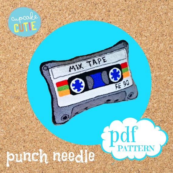 Mixtape punch needle pillow pattern. Rug hooking printable. Cassette tape cushion pdf. Retro eighties.