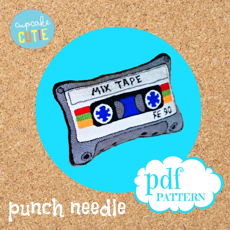 May include: A punch needle pattern for a gray and white cassette tape pillow with the text "Mix Tape" and "FE 90" on it. The pattern is available as a PDF download.