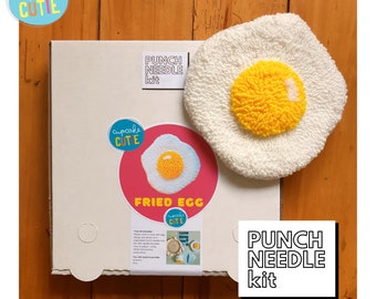 Fried egg punch needle kit. DIY food tufted wall art. Full kit with tools, yarn + instructions