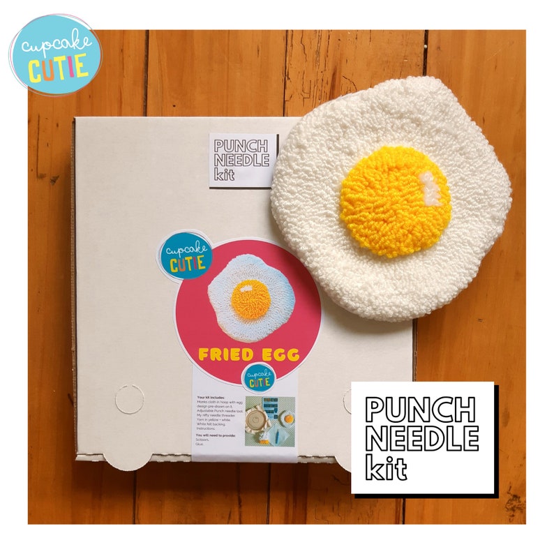 Fried egg punch needle kit. DIY food tufted wall art. Full kit with tools, yarn instructions image 1