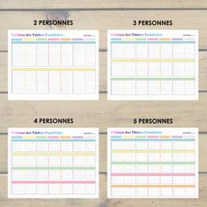 May include: Four printable chore charts for families with 2, 3, 4, and 5 people. Each chart has a title in French that says "Tableau des T&acirc;ches Familiales" and a space for the week number. The charts are color-coded with pastel blue, yellow, green, pink, and orange.