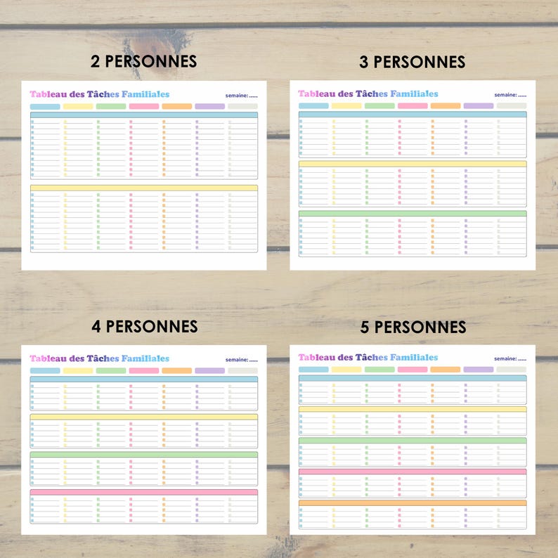 May include: Four printable chore charts for families with 2, 3, 4, and 5 people. Each chart has a title in French that says "Tableau des T&acirc;ches Familiales" and a space for the week number. The charts are color-coded with pastel blue, yellow, green, pink, and orange.