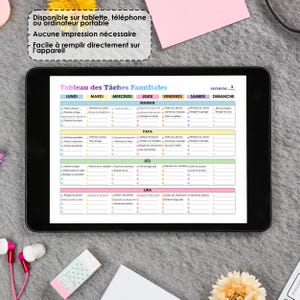 May include: A digital tablet displaying a colorful printable chore chart for families. The chart is divided into days of the week and includes sections for different family members, such as Mom, Dad, Leo, and Lina. Each section lists various chores, such as "Fold the laundry", "Empty the dishwasher", and "Take out the trash".