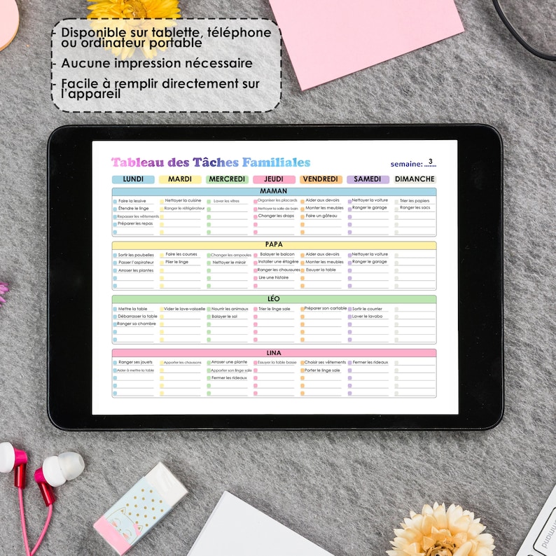 May include: A digital tablet displaying a colorful printable chore chart for families. The chart is divided into days of the week and includes sections for different family members, such as Mom, Dad, Leo, and Lina. Each section lists various chores, such as "Fold the laundry", "Empty the dishwasher", and "Take out the trash".