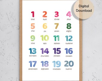 May include: A framed educational print featuring numbers 1-20 in various colors. Each number is displayed with its corresponding word, such as "one," "two," and "three." The print is labeled "Digital Download."