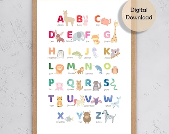 Animal Alphabet Poster, Watercolor Alphabet Print, ABC Poster,  Nursery Alphabet, Animal ABC Print, Classroom Prints, Classroom Wall Art