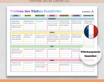 Tableau des Tâches Familiales Modifiable | Liste des Tâches Hebdomadaire à Imprimer pour Enfants et Adultes | Programme de Nettoyage | PDF