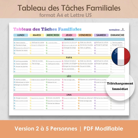 Tableau des Tâches Familiales Modifiable | Liste des Tâches Hebdomadaire à Imprimer pour Enfants et Adultes | Programme de Nettoyage | PDF