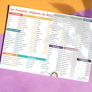 May include: A colorful chart titled "Les Premiers Aliments de B&eacute;b&eacute;" (Baby's First Foods) lists food categories: Proteins, Fruits, Vegetables, Herbs & Spices, Dairy, Grains, Legumes, Allergens, and Other. A rainbow and clouds decorate the bottom.