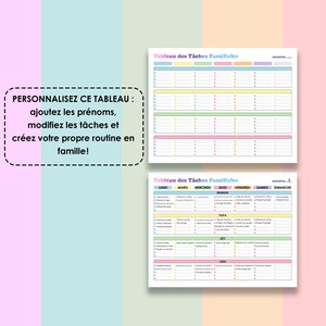 May include: A printable chore chart for families with a colorful design. The chart includes spaces for names, days of the week, and tasks. The text on the chart reads "Tableau des T&acirc;ches Familiales" which translates to "Family Chore Chart".