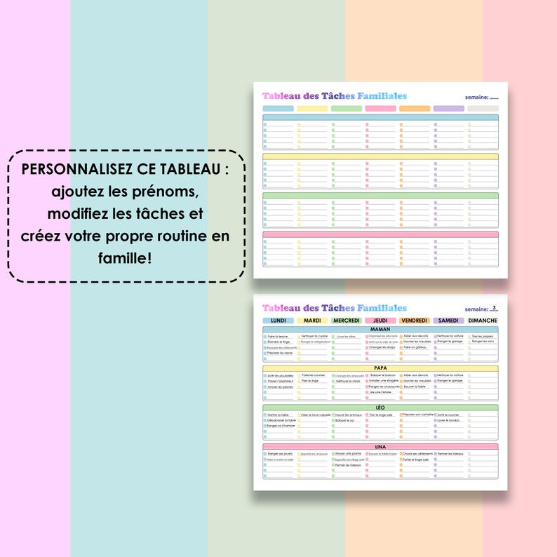 May include: A printable chore chart for families with a colorful design. The chart includes spaces for names, days of the week, and tasks. The text on the chart reads "Tableau des T&acirc;ches Familiales" which translates to "Family Chore Chart".