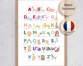 French Alphabet Poster, Français Alphabet, Abécédaire des Animaux, Abécédaire à Imprimer, Printable French Animal Alphabet Poster