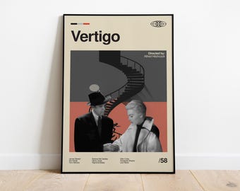 Póster de la película Vértigo: Arte retro de mediados de siglo de Alfred Hitchcock