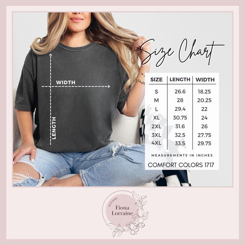 May include: A size chart for Comfort Colors 1717 t-shirts. The chart shows measurements in inches for sizes S to 4XL. The image also shows a person wearing a dark gray t-shirt and light blue jeans.