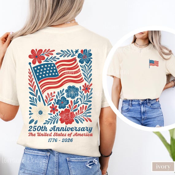 Comfort Colors USA 250th Anniversary Shirt 4th Of July Back Graphic Tee Boho Floral America T-Shirt American Flag 250 Independence Day Gift