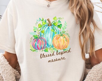 Comfort Colors® Whimsical Watercolor Botanical Pumpkin Shirt For Women Painted Cottagecore Pumpkin Patch Thankful Blessed Thanksgiving Gift