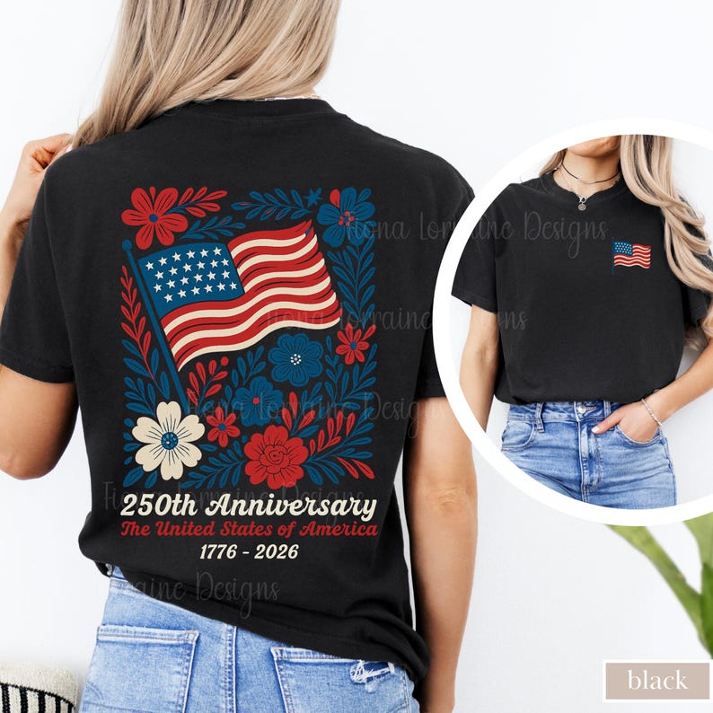 Comfort Colors USA 250th Anniversary Shirt 4th Of July Back Graphic Tee Boho Floral America T-Shirt American Flag 250 Independence Day Gift Black